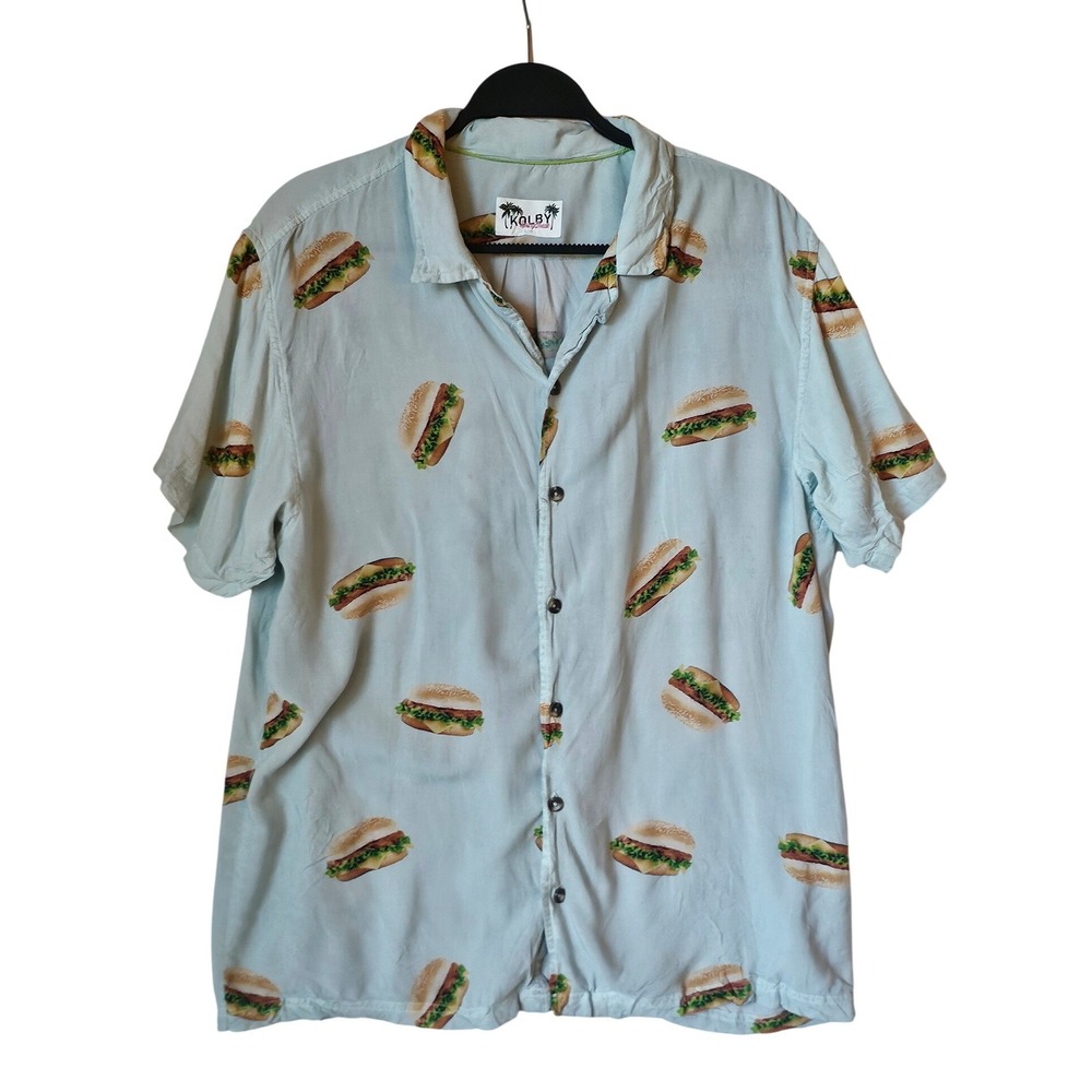 Kolby Spring Break Mens Large‎ Blue Cheeseburger Print Viscose Camp Shirt L